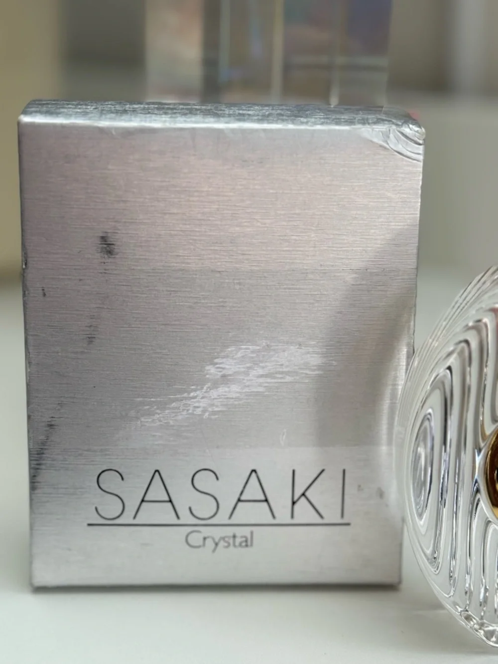 Vintage Sasaki Clear Crystal Quartz Desk Clock with Gold Accents